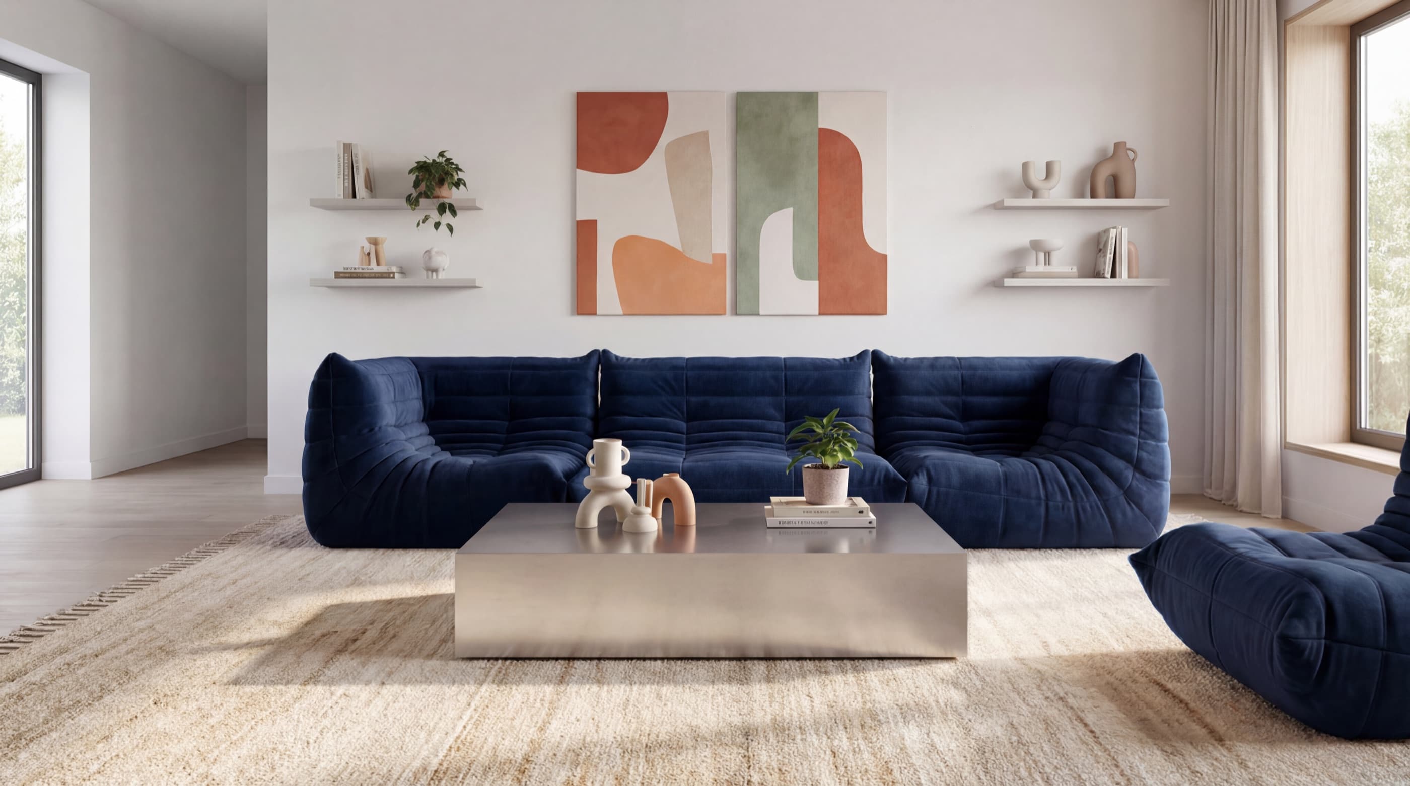 Edelstahl-Couchtisch von CozyChrome vor einem blauen Sofa im hellen Wohnzimmer